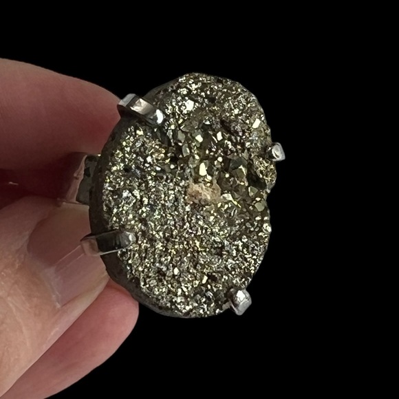 Silver Pyrite Druzy Adjustable Ring - Picture 6 of 11